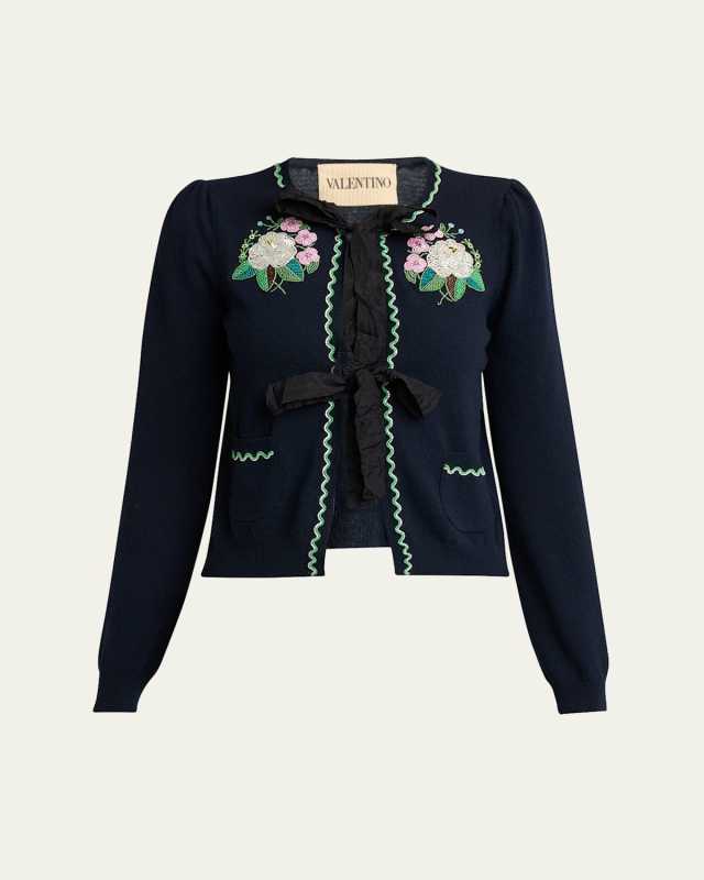 Floral Embroidered Bow-Tie Wool Cardigan